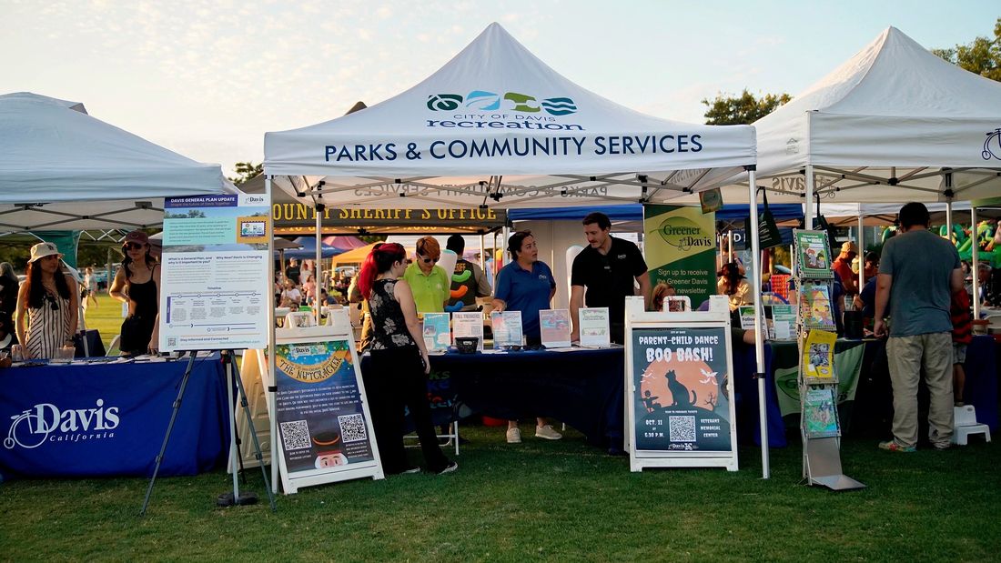 Local businesses and civic booths at a Davis event
